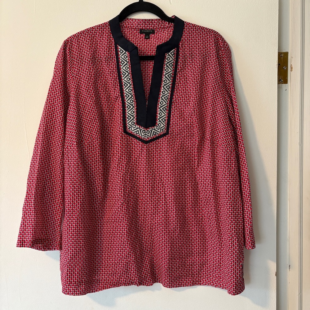 Talbots‎ Red White Blue Cotton Tunic Top Geometric V Neck 3/4 Sleeve Size Large